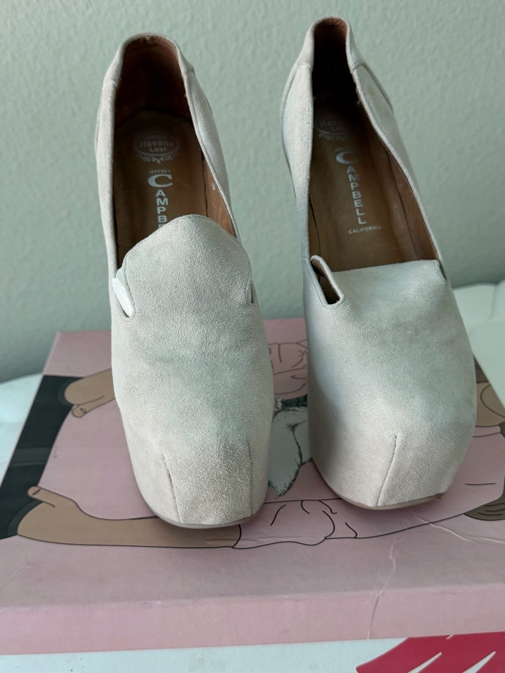 Jeffrey Campbell Cream Suede Square-Toe Slip-On Heels “Blyke”